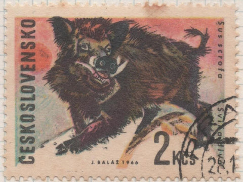 Sello E01382; hoja 88, Checoslovaquia: Sello Multicolor, dentado. Animales de caza. Jabalí (Sus scrofa), 2 Koruny