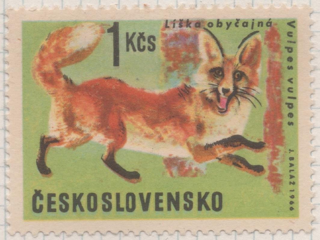 Sello E01381: hoja 88, Checoslovaquia: Sello Multicolor, dentado. Animales de caza. Zorro Rojo (Vulpes vulpes), 1 Koruna