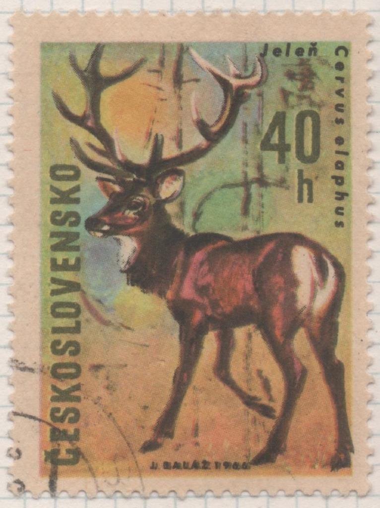 Sello E01380: hoja 88, Checoslovaquia: Sello Multicolor, dentado. Animales de caza. Ciervo rojo (Cervus elaphus), 40 Haleru