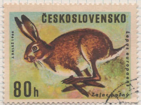 Sello E01379: hoja 88, Checoslovaquia: Sello Multicolor, dentado. Animales de caza. Liebre europea (Lepus europaens), 80 Haleru