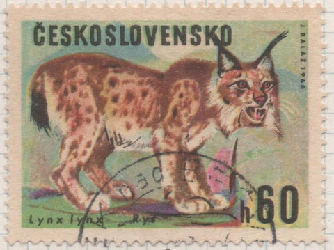 Sello E01378: hoja 88, Checoslovaquia: Sello Multicolor, dentado. Animales de Caza. Lince euroasiático (Lynx lynx), 60 Haleru