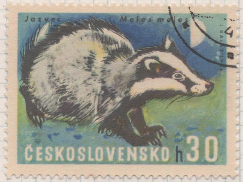 Sello E01377: hoja 88, Checoslovaquia: Sello Multicolor, dentado. Animales de caza. Tejón Europeo (Meles meles), 30 Haleru