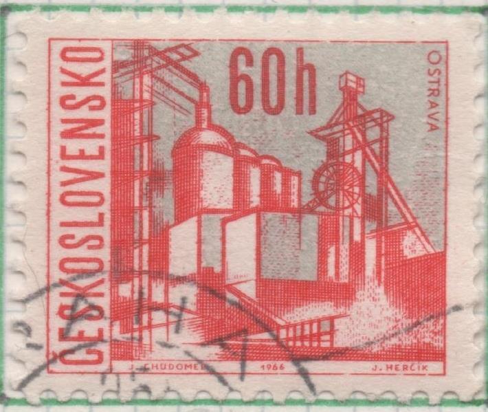 Sello E01375: hoja 87, Checoslovaquia: Sello Rojo y gris, dentado. Vistas de Ciudades. Ostrava, 60 Haleru