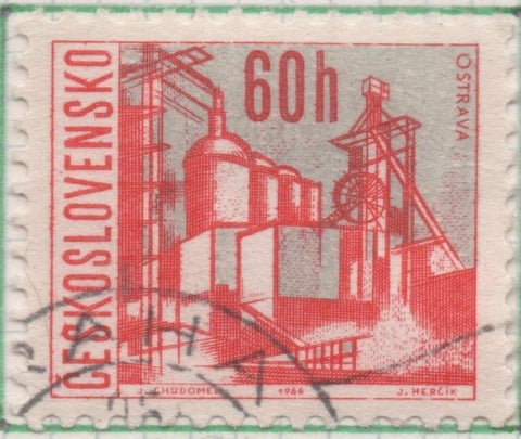 Sello E01375: hoja 87, Checoslovaquia: Sello Rojo y gris, dentado. Vistas de Ciudades. Ostrava, 60 Haleru