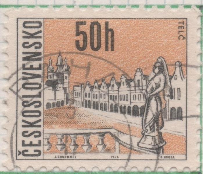 Sello E01374: hoja 87, Checoslovaquia: Sello Naranja y negro, dentado. Vistas de Ciudades. Telč, 50 Haleru