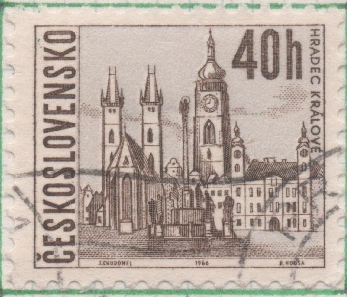 Sello E01373: hoja 87, Checoslovaquia: Sello Azul claro y verde, dentado. Vistas de Ciudades. Hradec Králové, 40 Haleru