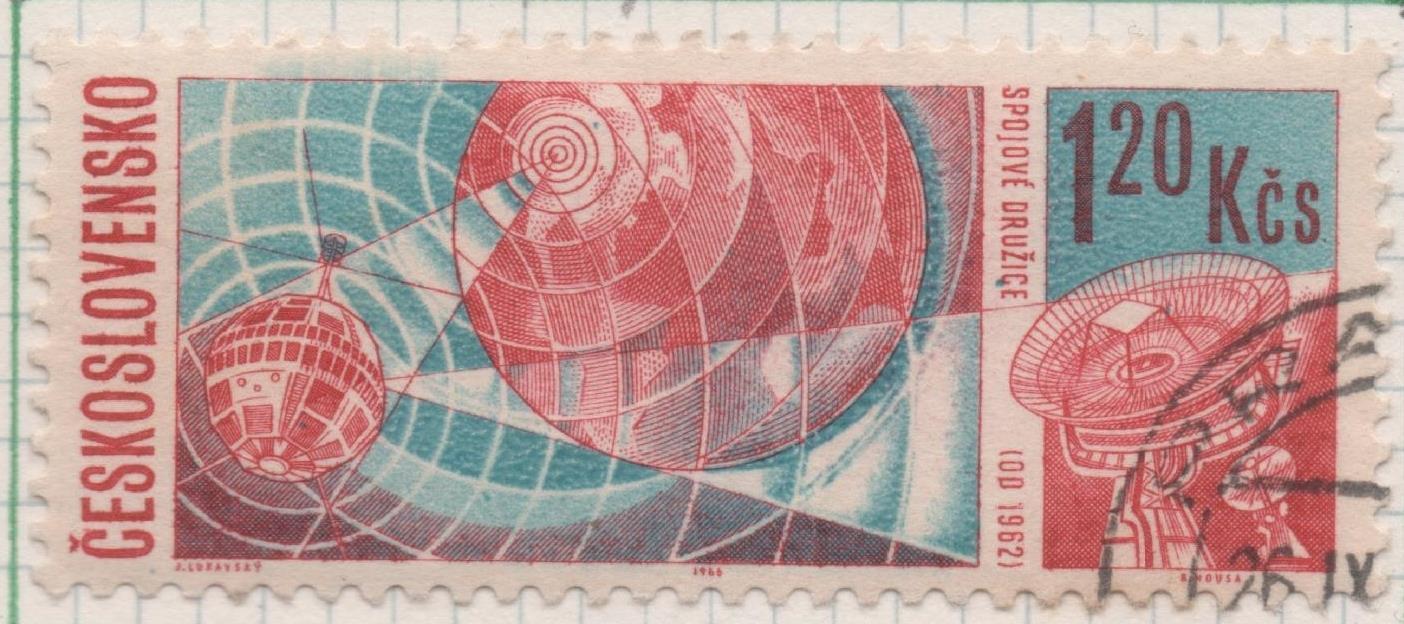Sello E01372: hoja 87, Checoslovaquia: Sello Rojo y azul, dentado. Investigación espacial. Estación Telstar, Tierra y Seguimiento, 1,20 Koruna