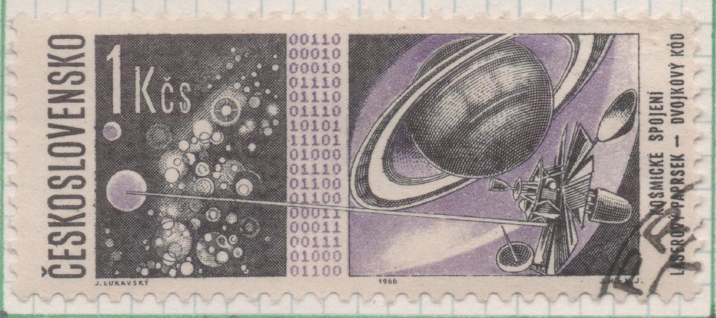 Sello E01371: hoja 87, Checoslovaquia: Sell Negro y lila, dentado. Investigación espacial. Satélite, rayo láser y código binario, 1 Koruna