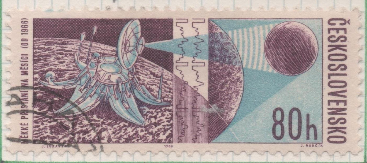Sello E01370: hoja 87, Checoslovaquia: Sello Azul y violeta, dentado. Investigación espacial. Satélite haciendo aterrizaje suave en la Luna, 80 Haleru