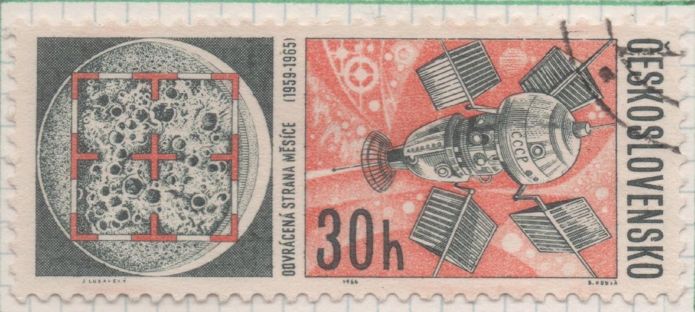Sello E01368; hoja 87, Checoslovaquia: Sello Naranja y verde, dentado. Investigación espacial. Satélite y espalda de la luna, 30 Haleru