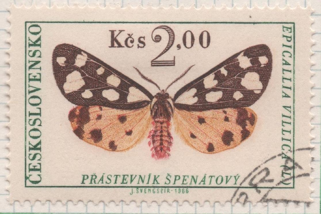 Sello E01363: hoja 87, Checoslovaquia: Sello Multicolor, dentado. Mariposas. Tigre mancha crema (Epicallia villica), 2 Koruny