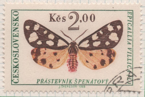 Sello E01363: hoja 87, Checoslovaquia: Sello Multicolor, dentado. Mariposas. Tigre mancha crema (Epicallia villica), 2 Koruny