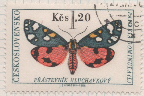 Sello E01362: hoja 87, Checoslovaquia: Sello Multicolor, dentado. Mariposas. Polilla tigre escarlata (Callimorpha dominula), 1,20 Koruna