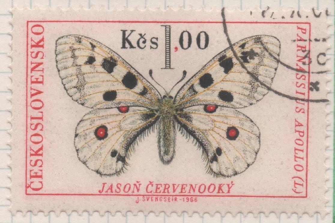 Sello E01361: hoja 87, Checoslovaquia: Sello Multicolor, dentado. Mariposas. Apolo (Parnassius apolo), 1 Koruna
