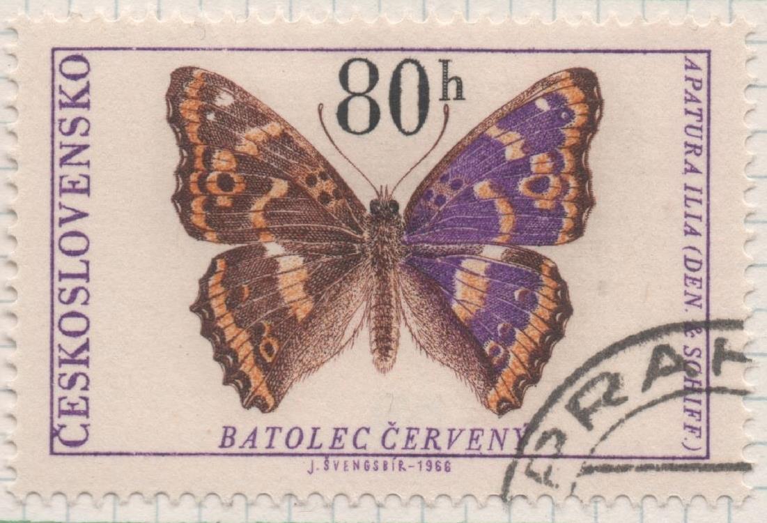 Sello E01360: hoja 87, Checoslovaquia: Sello Multicolor, dentado. Mariposas. Emperador púrpura menor (Apatura ilia), 802 Haleru