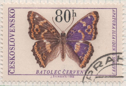 Sello E01360: hoja 87, Checoslovaquia: Sello Multicolor, dentado. Mariposas. Emperador púrpura menor (Apatura ilia), 802 Haleru