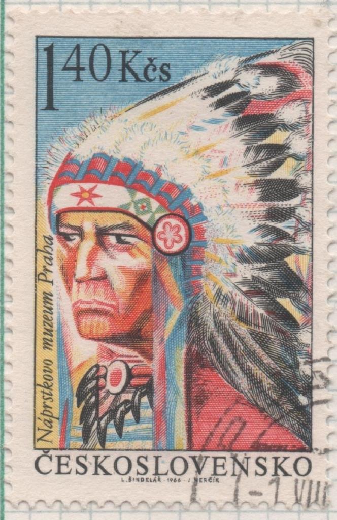 Sello E01355: hoja 86, Checoslovaquia: Sello Multicolor, dentado. Indios Norteamericanos. Jefe Indio Dakota, 1,40 Haleru