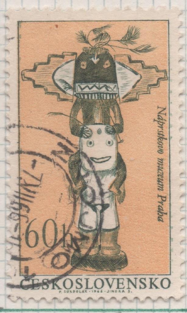 Sello E01353: hoja 86, Checoslovaquia: Sello Amarillo y verde, dentado. Indios Norteamericanos. Kachina, Buen Espíritu de la Tribu Hopi, 60 Haleru