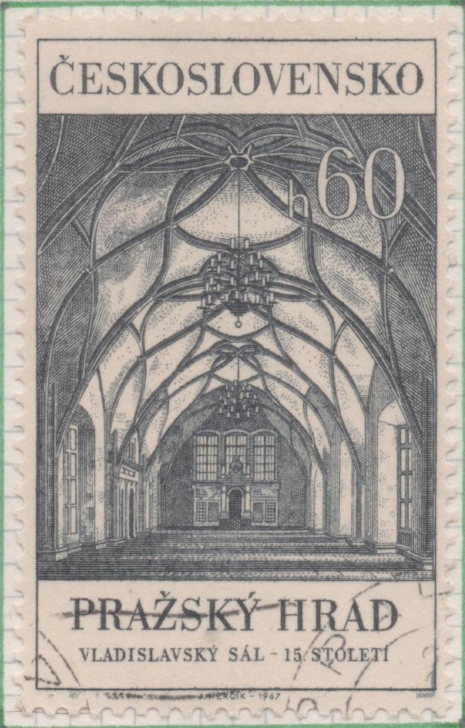 Sello E01414: hoja 90, Checoslovaquia: Sello Azul oscuro, dentado. Castillo de Praga. Sala del Trono de Vladislav. Siglo XV, 60 Haleru