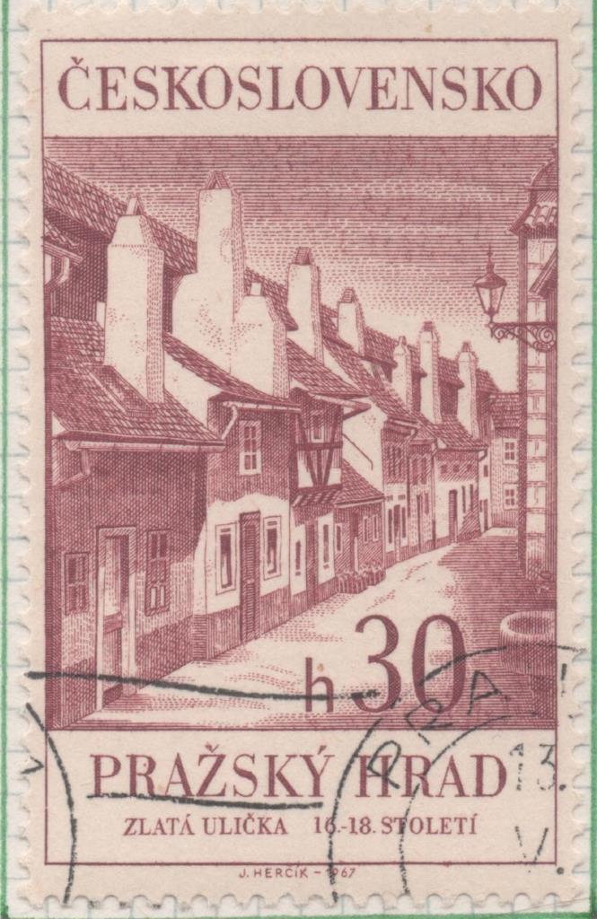 Sello E01413: hoja 90, Checoslovaquia: Sello Marron oscuro, dentado. Castillo de Praga.  La Calle de los Alquimistas, 30 Haleru