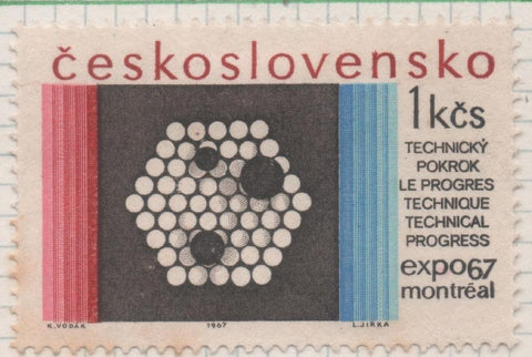 Sello E01411: hoja 90, Checoslovaquia: Sello Multicolor, dentado. Exposición Mundial de Montreal. Diagrama atómico, 1 Koruna