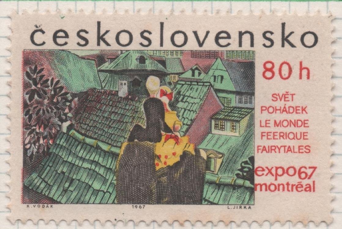 Sello E01410: hoja 90, Checoslovaquia: Sello Multicolor, dentado. Exposición Mundial de Montreal. Cuentos de hadas. Cuadro de Jiří Trnka, 80 Haleru