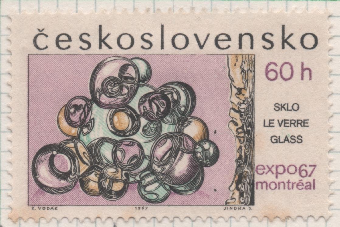 Sello E01409: hoja 90, Checoslovaquia: Sello Multicolor, dentado. Exposición Mundial de Montreal. Escultura de cristal. R.Roubíček, 60 Haleru