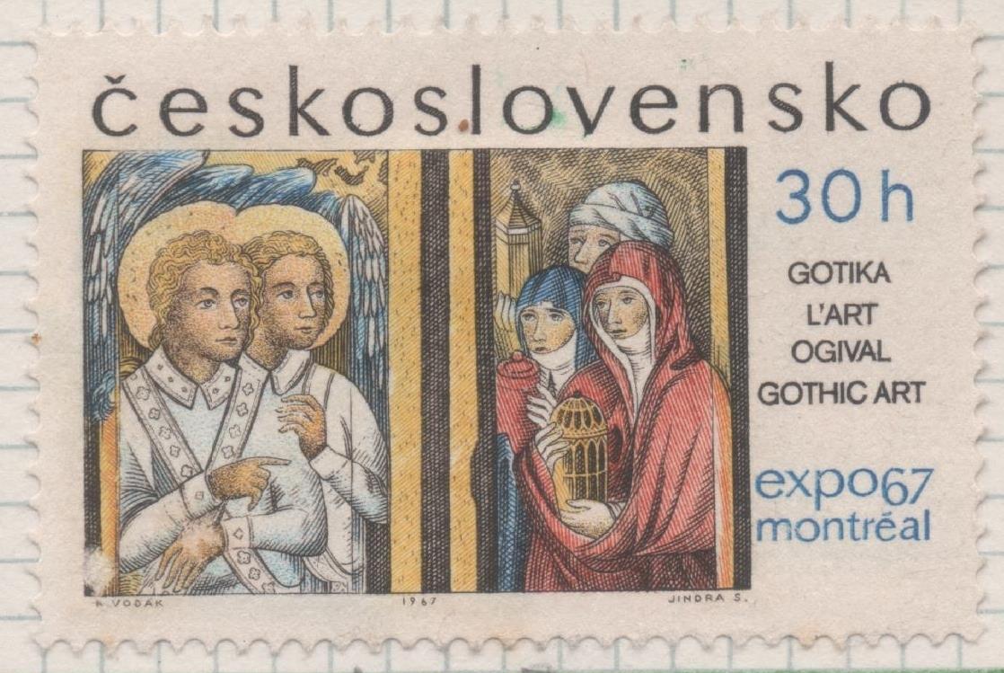 Sello E01407: hoja 90, Checoslovaquia: Sello Multicolor, dentado. Exposición Mundial de Montreal. Pintura gótica de Theodorus Zelo, 30 Halerus