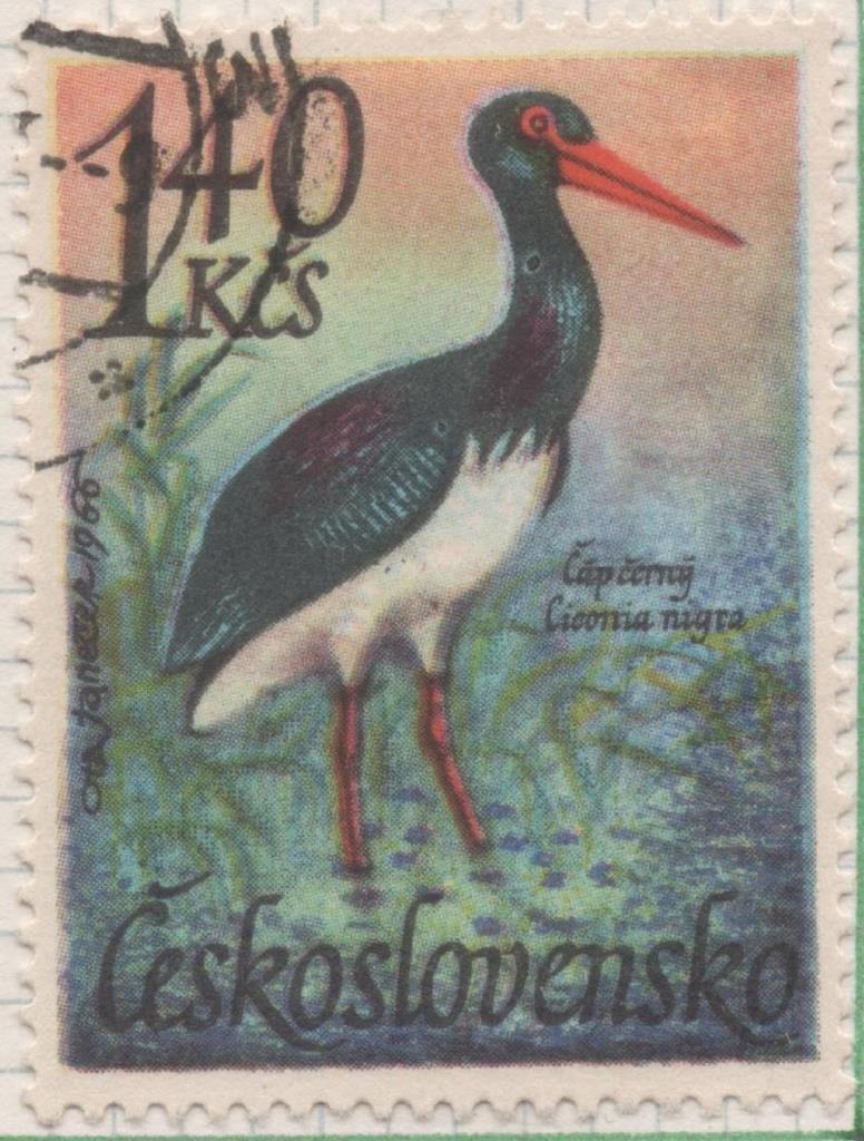 Sello E01398: hoja 89, Checoslovaquia: Sello Multicolor, dentado. Pajaros Acuaticos.  Ciconia nigra, 1,40 Koruna