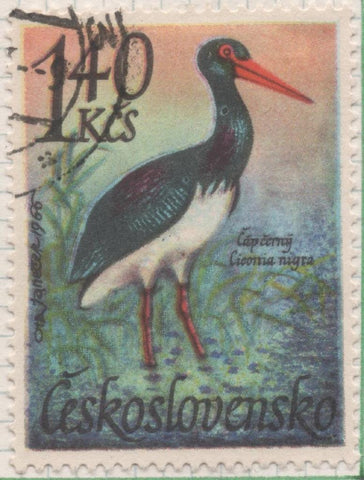 Sello E01398: hoja 89, Checoslovaquia: Sello Multicolor, dentado. Pajaros Acuaticos.  Ciconia nigra, 1,40 Koruna
