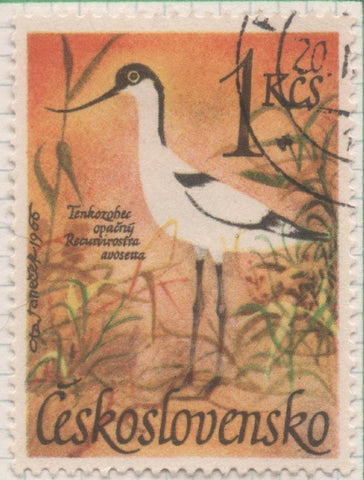 Sello E01397: hoja 89, Checoslovaquia: Sello Multicolor, dentado. Pajaros Acuaticos. Recurvirostra avosetta, 1 Koruna