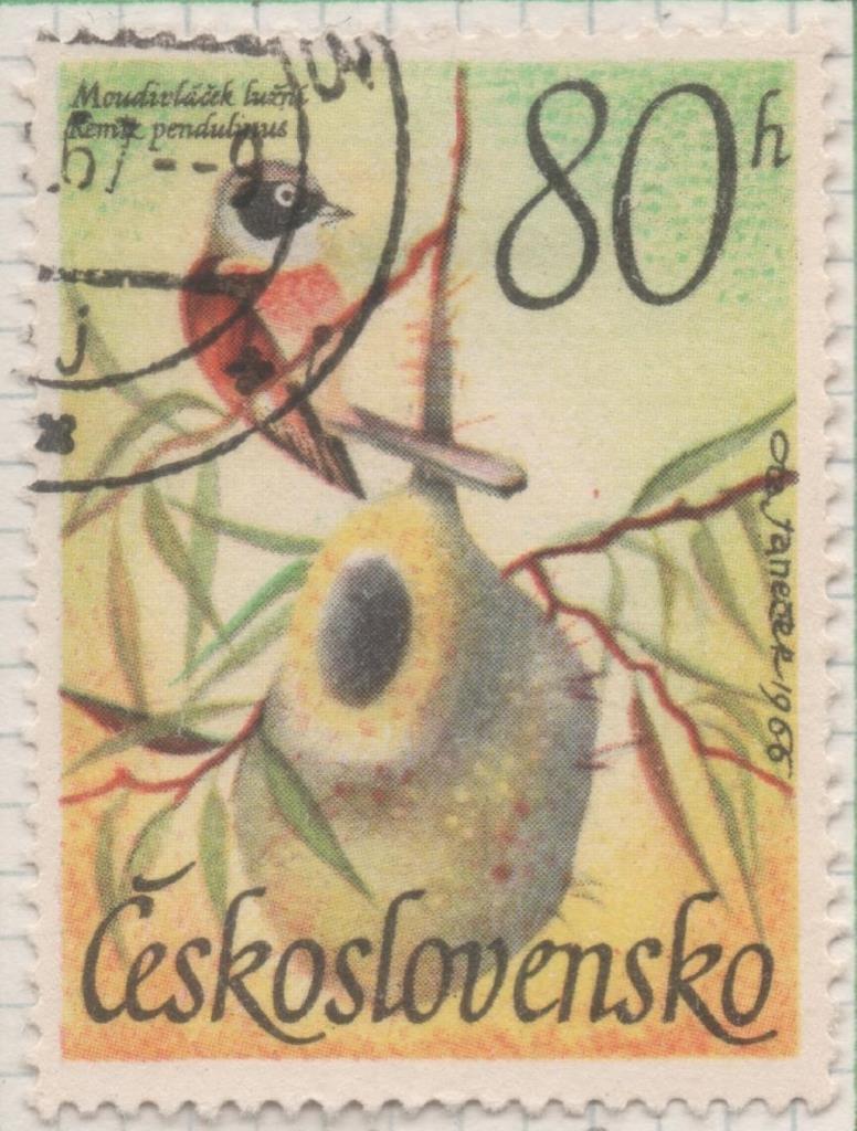 Sello E01396: hoja 89, Checoslovaquia: Sello Multicolor, dentado. Pajaros Acuaticos. Remiz pendulinus, 80 Haleru
