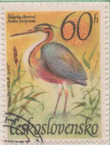 Sello E01395: hoja 89, Checoslovaquia: Sello Multicolor, dentado. Pajaros Acuaticos.  Ardea purpurea, 60 Haleru