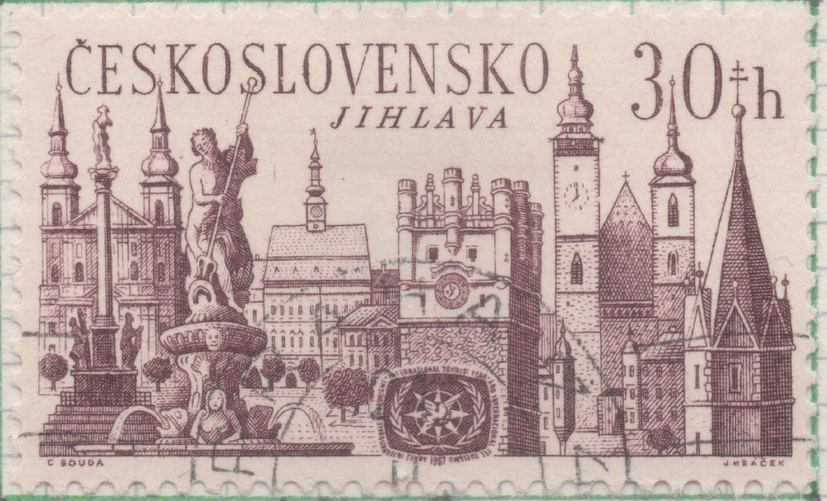 Sello E01390: hoja 89, Checoslovaquia: Sello Violeta oscuro, dentado. Año Internacional del Turismo.  Jihlava, 30 Haleru