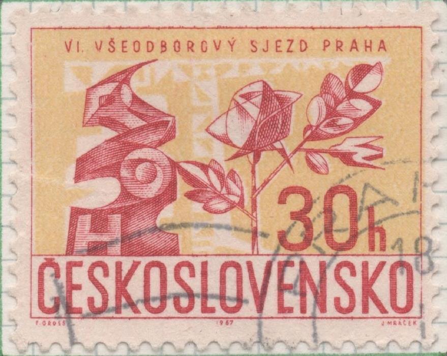 Sello E01387: hoja 89, Checoslovaquia: Sello Amarillo y rojo, dentado.  6º Congreso de Sindicatos, Praga, 30 Haleru