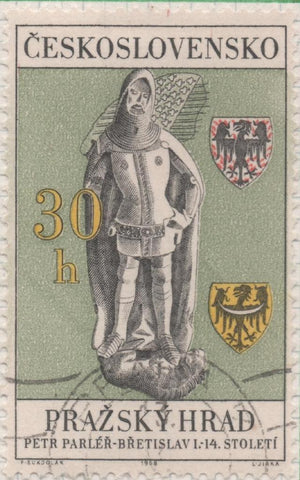 Sello E01486: hoja 95, Checoslovaquia: Sello Verde y gris, dentado. Castillo de Praga. Estatua tumbal de Bretislav I. 1370, 30 Haleru