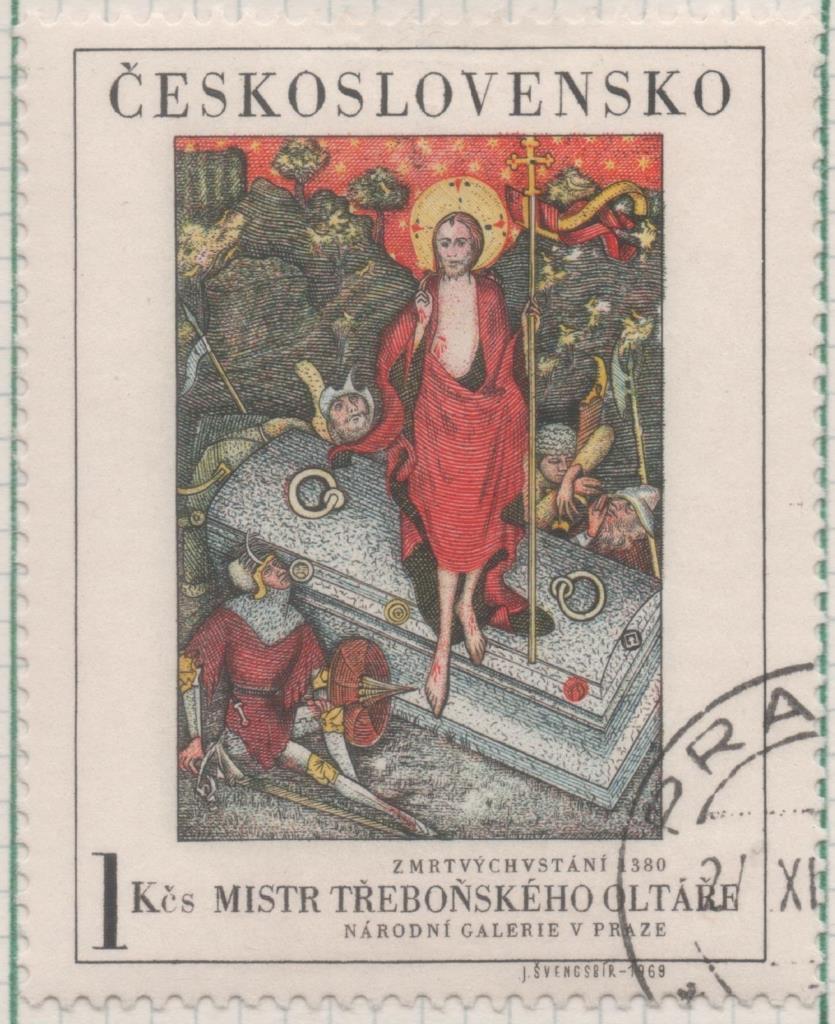 Sello E01584: hoja 102, Checoslovaquia: Sello Multicolor, dentado. Pinturas de la Galería Nacional de Praga. Resurrección. Maestro de Trebon. 1380, 1 Koruna