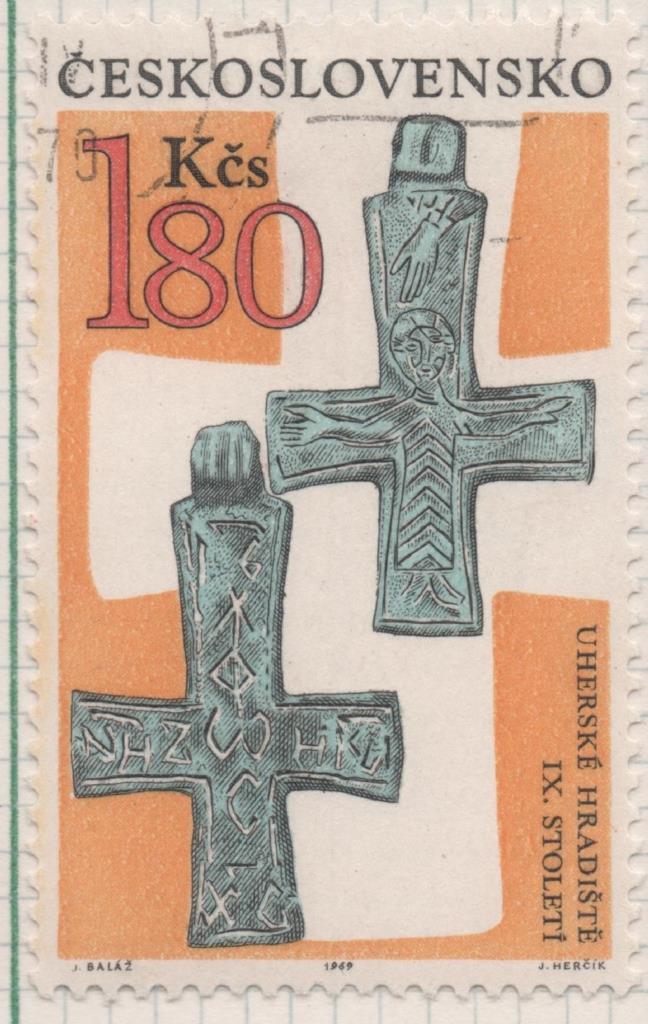Sello E01581: hoja 102, Checoslovaquia: Sello Multicolor, dentado. Descubrimientos Arqueológicos. Crucifijo metálico. Siglo 9, 1,80 Koruna