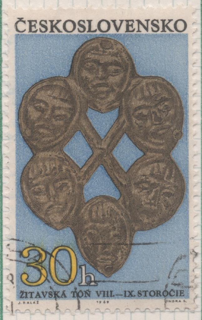 Sello E01579: hoja 102, Checoslovaquia: Sello Multicolor, dentado. Descubrimentos Arqueológicos. Ornamento. Siglos 6-8, 30 Haleru