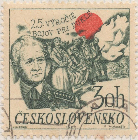 Sello E01577: hoja 102, Checoslovaquia: Sello Verde y rojo, dentado. 25 años de la Batalla de Dukla, 30 Haleru