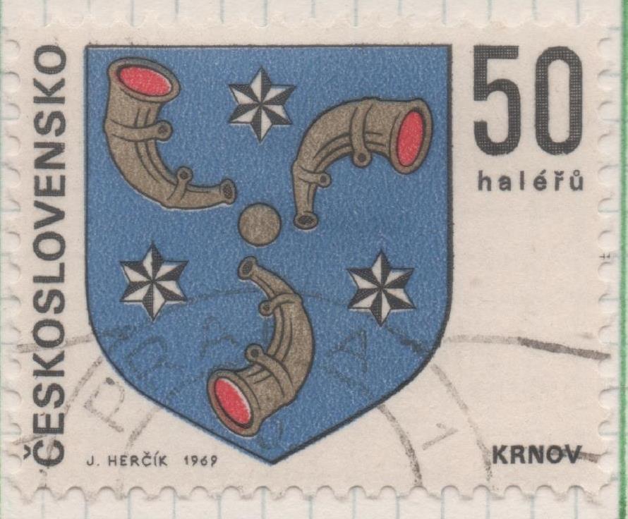 Sello E01574: hoja 101, Checoslovaquia: Sello Multicolor, dentado. Escudos Capitales Regionales. Krnov, 50 Haleru