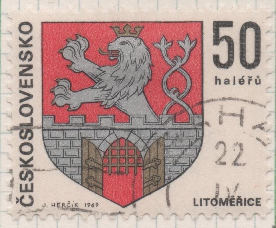 Sello E01573, hoja 101, Checoslovaquia: Sello Multicolor, dentado. Escudos Capitales Regionales. Litoměřice, 50 Haleru