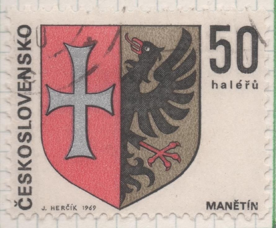 Sello E01572: hoja 101, Checoslovaquia: Sello Multicolor, dentado. Escudos Capitales Regionales.   Manětín, 50 Hleru 