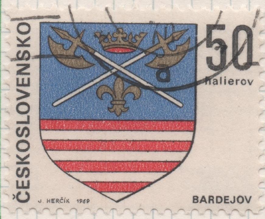 Sello E01571: hoja 101, Checoslovaquia: Sello Multicolor, dentado. Escudos Capitales Regionales. Bardejov, 50 Halieru
