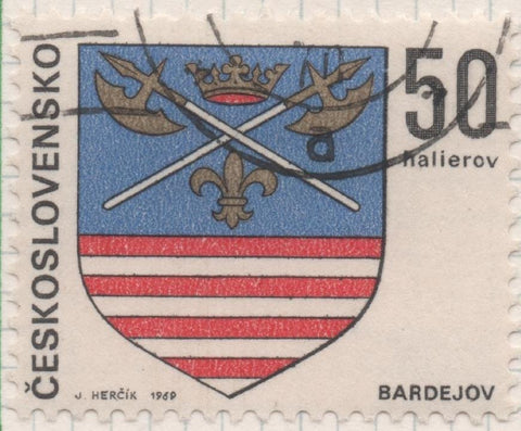 Sello E01571: hoja 101, Checoslovaquia: Sello Multicolor, dentado. Escudos Capitales Regionales. Bardejov, 50 Halieru