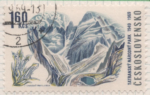 Sello E01569: hoja 101, Checoslovaquia: Sello Multicolor, dentado. 20 Aniv. Parque Nacional de Tatra. Genciana. Den: 11¾, 1,60 Koruna