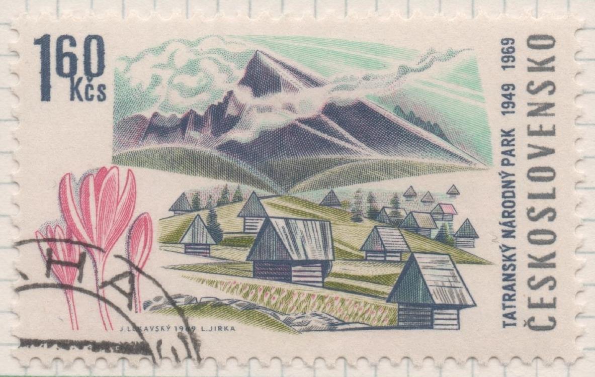 Sello E01568: hoja 101, Checoslovaquia: Sello Multicolor, dentado. 20 Aniv. Parque Nacional de Tatra. Cabañas alpinas. Den: 11¾, 1,60 Koruna