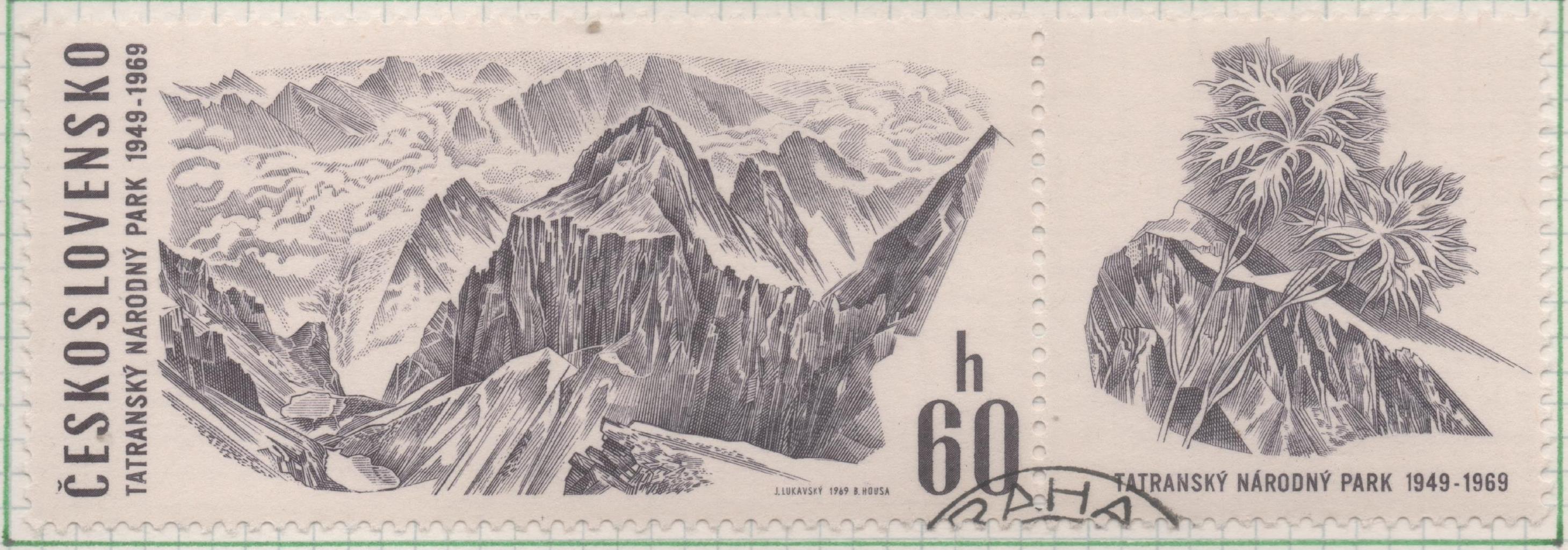 Sello E01567: hoja 101, Checoslovaquia: Sello Negro, dentadl 20 Aniv. Parque nacional de Tatra. Montañas Ganek, 60 Haleru