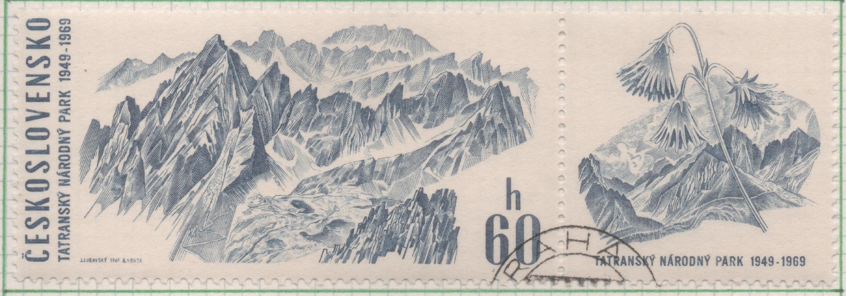 Sello E01566: hoja 101, Checoslovaquia: Sello Azul oscuro, dentado. 20 Aniv. Parque Nacional de Tatra. Valle del agua blanca, 60 Haleru