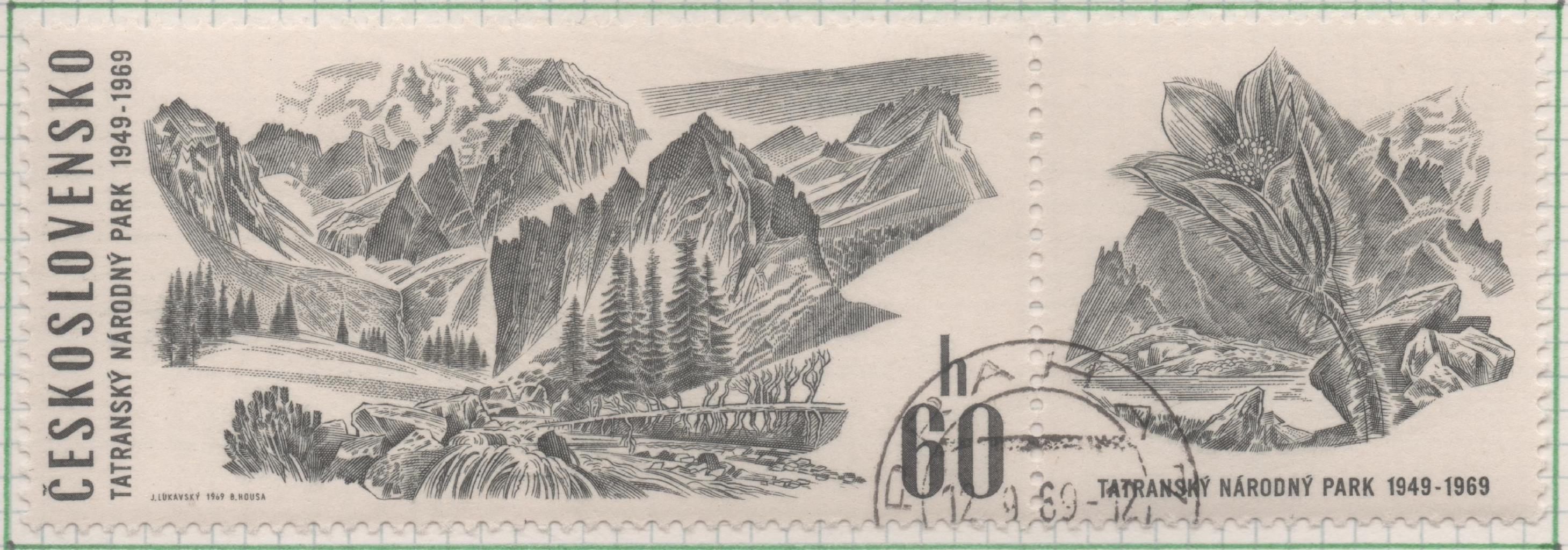 Sello E01565: hoja 101, Checoslovaquia: Sello Gris, dentado. 20 Aniv. Parque Nacional de Tatra. El gran valle helado de Bielovodska, 60 Haleru